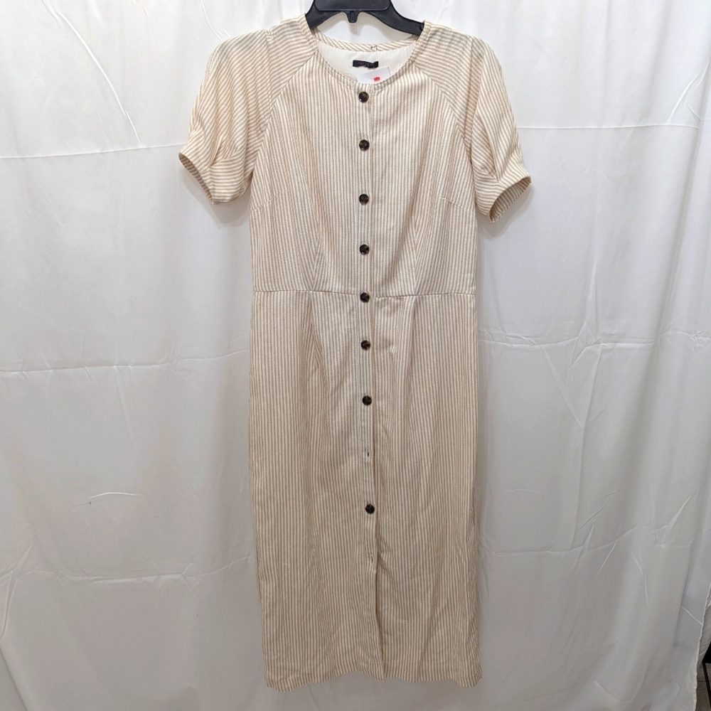 Ann Taylor Striped Beige Linen Midi Dress